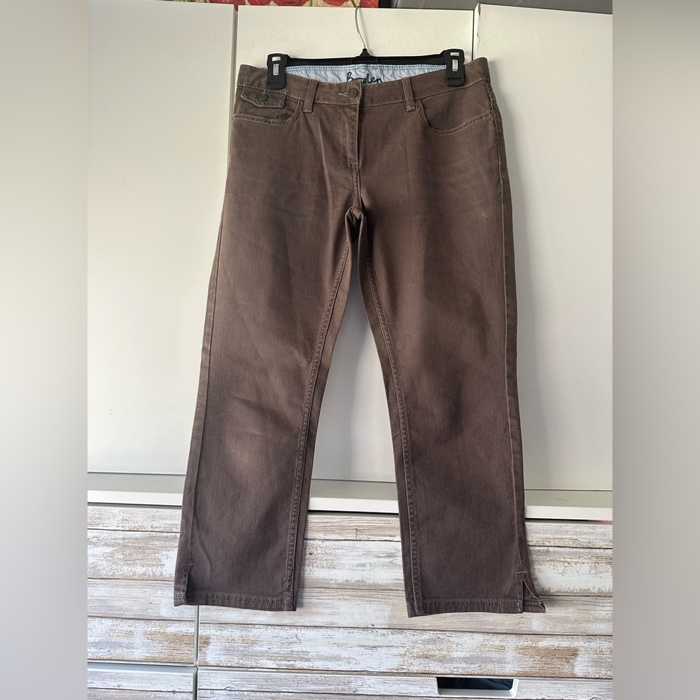 🤎 Boden Brown Cropped Pants Ankle Slit Stretch Cotton US 6